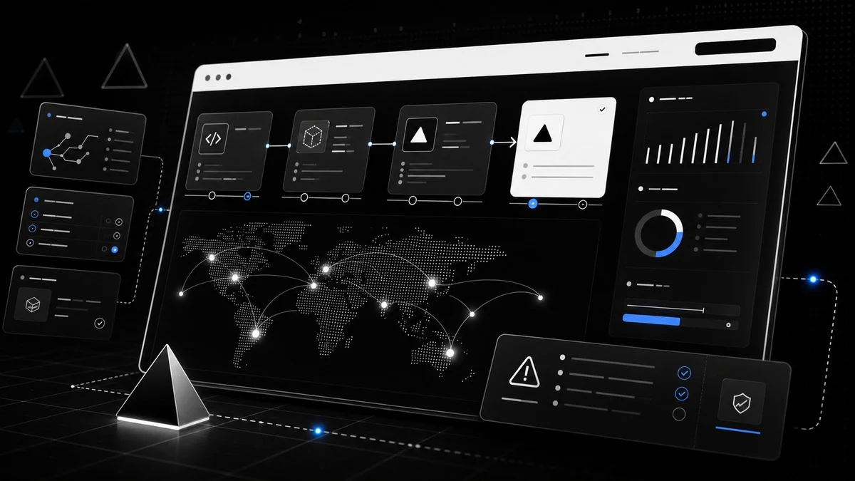 Vercel風のデプロイダッシュボードと配信ネットワークを描いたアイキャッチ画像